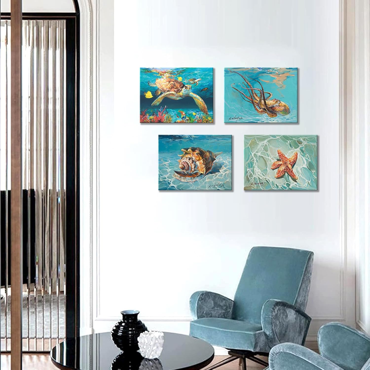 JZLDZS Blue Ocean Beach Bathroom Wall Art Seashell Canvas Print Framed Conch Painting Artwork Coastal Picture Wall Decor for Living Room Bedroom, 12x16 Inch