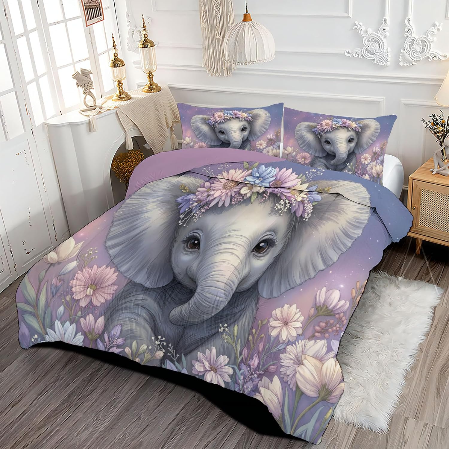 Kids 90" x 90" Coverless Duvet for All Seasons, Reversible Washable 3 Quilt with Cartoons Animals Patterns, Purple Comforter with 2 Pillowcases 50x75cm, Queen