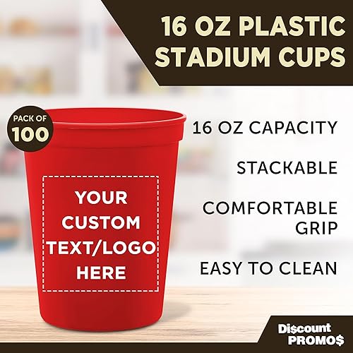 Miniatura 3 de DISCOUNT PROMOS Vasos de plástico personalizados para estadios, 16 onzas, juego de 100, paquete personalizado a granel, perfecto para cumpleaños,
