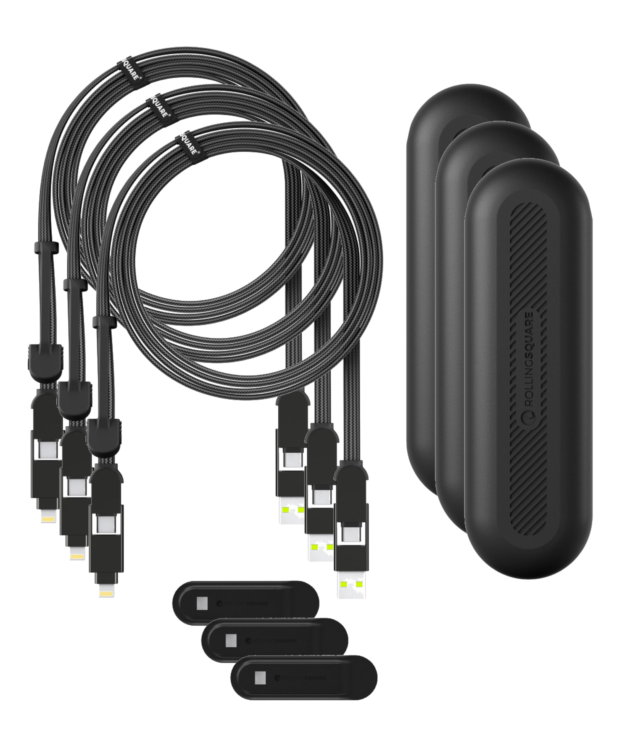 Rolling Square inCharge XL 200 cm - USB-C-Kabel, Universal-Smartphone-Kabel, Geschenk für Männer, 6-in-1-Universalladegerät für Smartphones, Schwarz, Lightning-Kabel 100 W, Multipack 3x