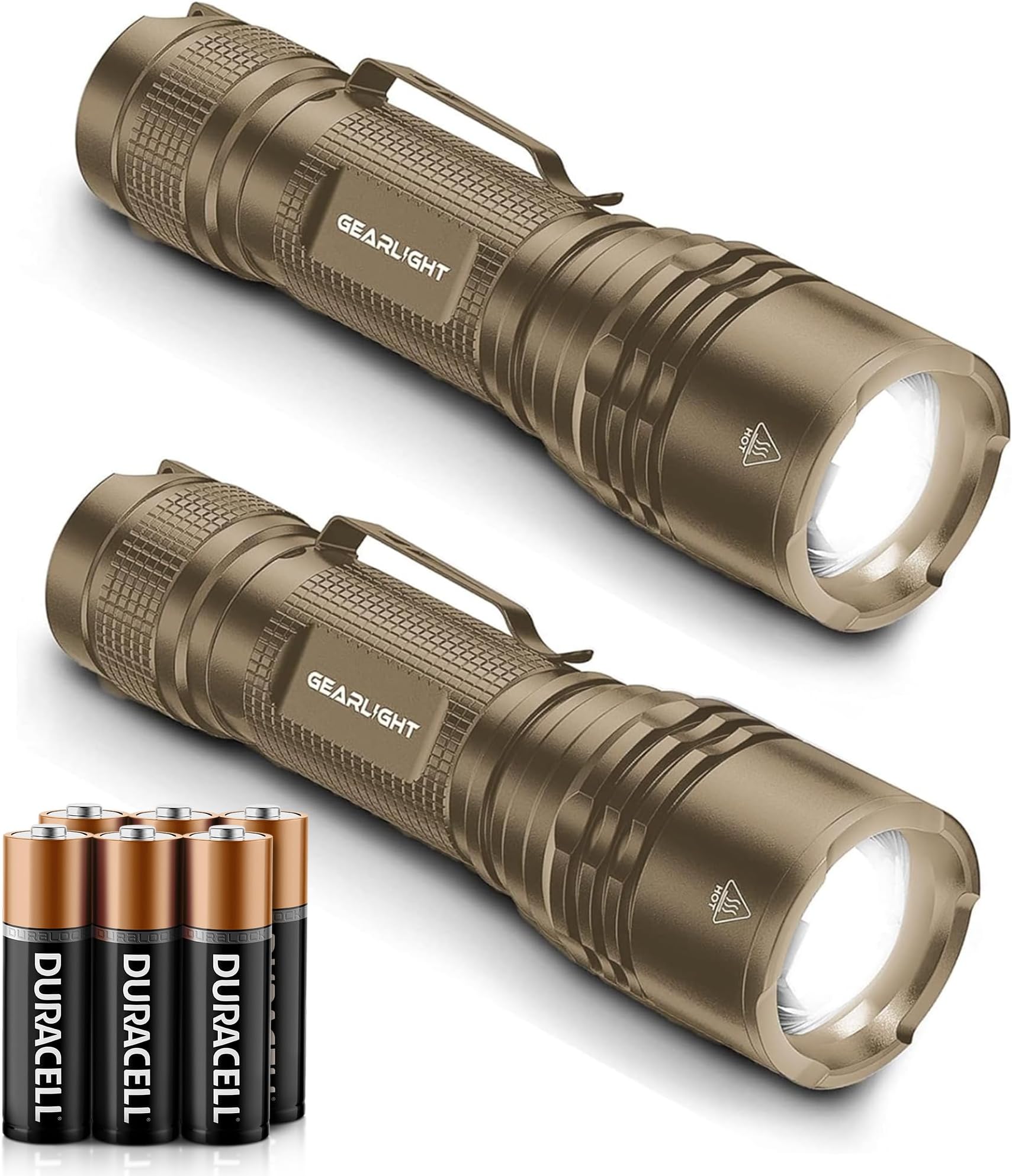 GearLight TAC LED Flashlight Pack - 2 Super Bright, Compact Tactical Flashlights with High Lumens for Outdoor Activity & Emergency Use - Gifts for Men & Women - Desert Tan