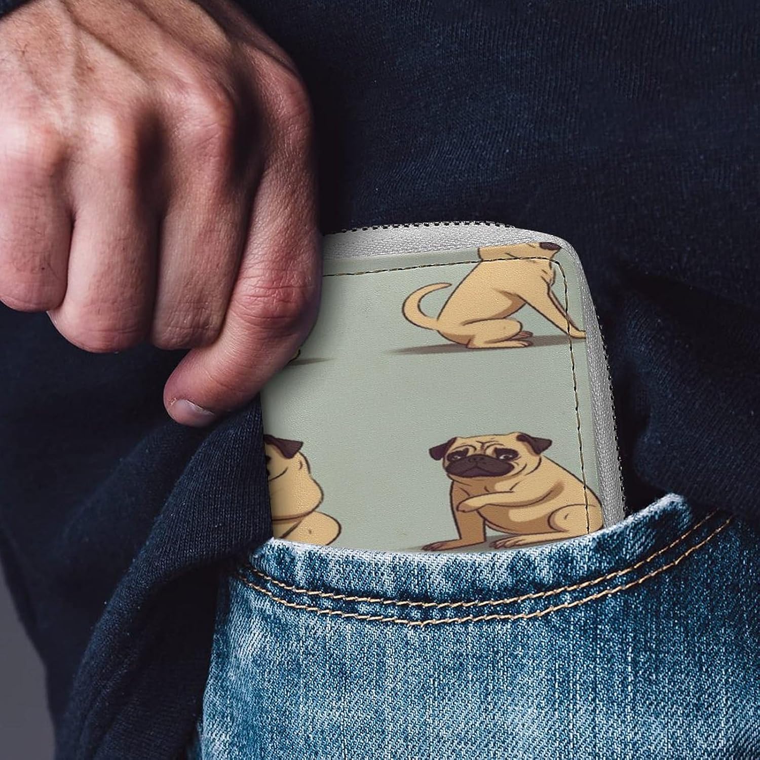 Leather Card Organizer Case Card Wallet Credit Card Holder Yoga Pug Printed Zipper Card Cases Holder for Women Men