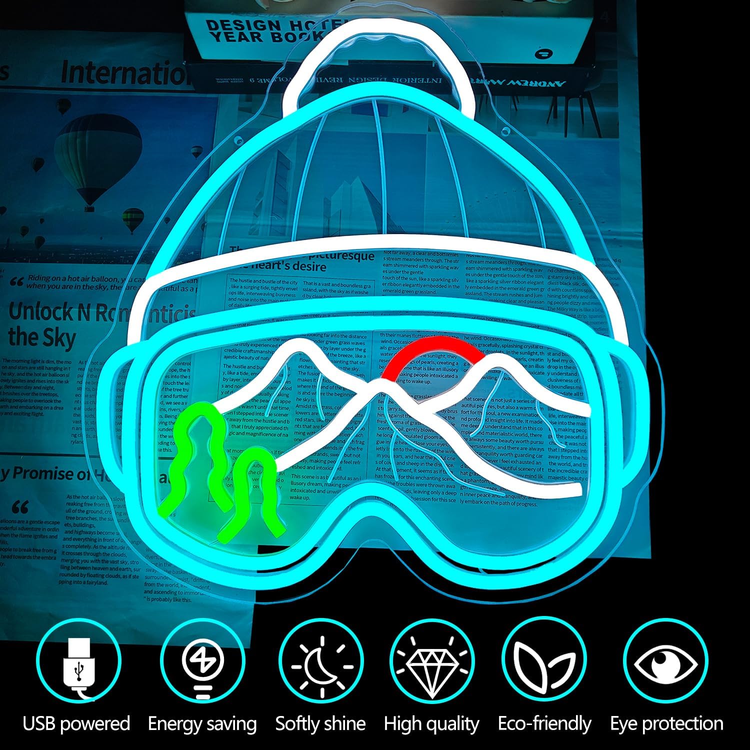 Ski Goggles Neon Sign for Wall Decor Beanie Goggles Led Sign Dimmable Ski Party Decorations Skiing Wall Art Snowy Mountain Neon Light Up for Skier Themed Home Living Room Bedroom Cafe Bar Man Cave Gifts