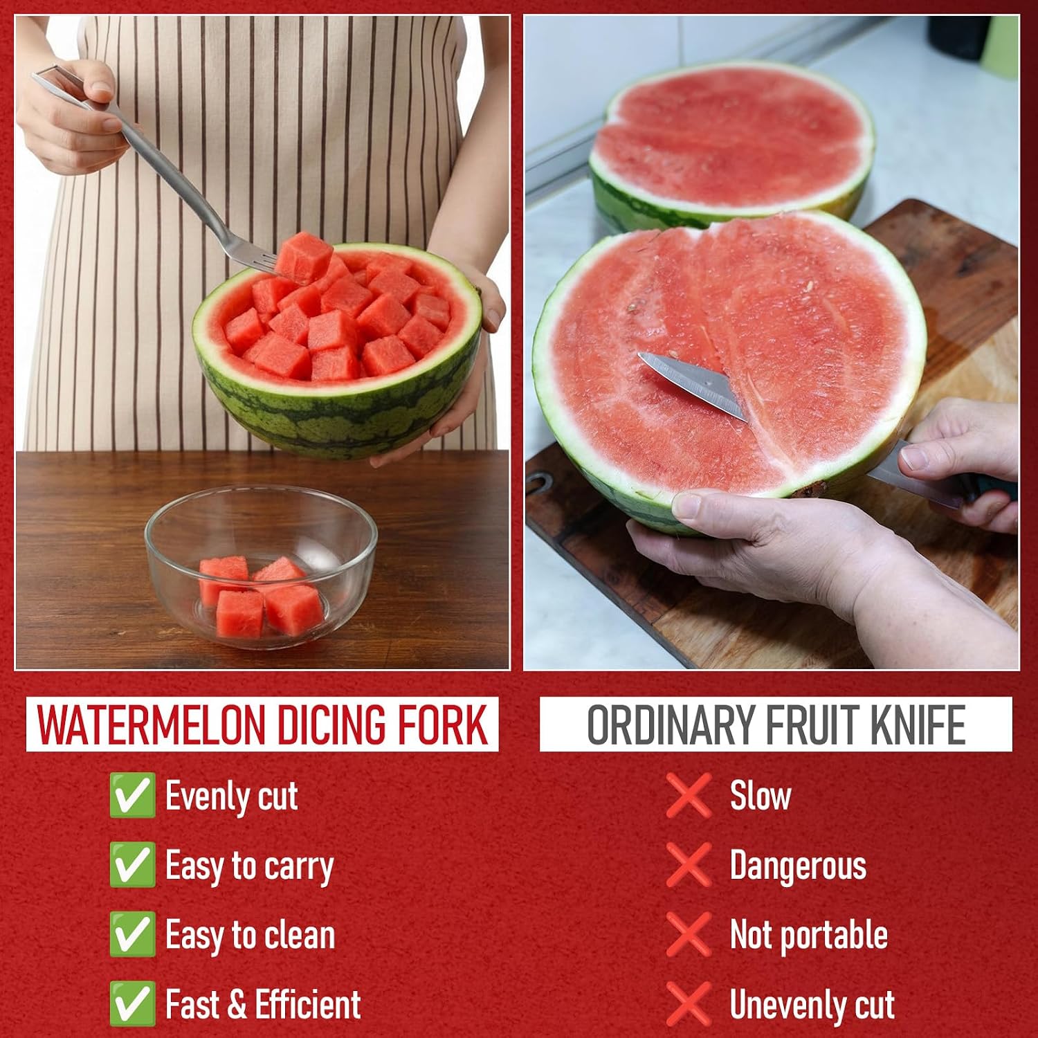 LemonRoad 2 Pcs Watermelon Cutter Slicer Set, 2-in-1 Stainless Steel Fruit Cutter with Fork & Watermelon Cutters Tool for Easy Cubes, Quickly Melon Slicer Tool for Home Camping Kitchen(Silver Handle)