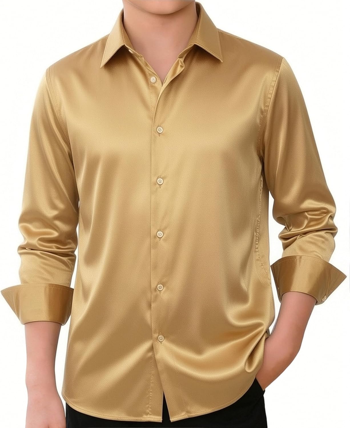 Hi-Tie Boys Satin Long Sleeve Dress Shirt Luxrury Regular Fit Formal Wedding Party Button Down Shirt for Kids