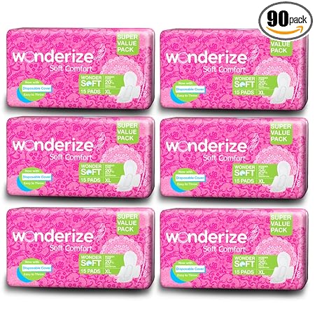 Wonderize Soft Comfort Cotton Sanitary Napkins For Women, 90 Pads (Combo of 6), Size - Extra Large with Disposable Bags, Super Saver Pack,Soft Cotton Topsheet for Extra Comfort and Rash Free Periods