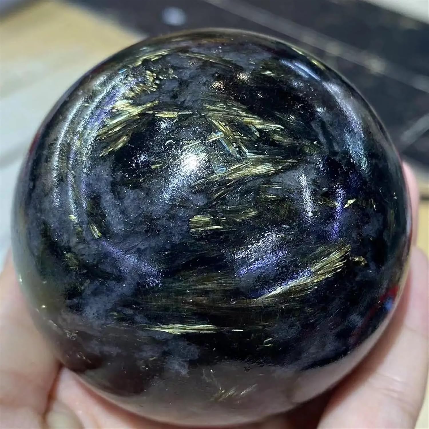 AtkitS Beautiful Natural Gold Firework Stone Crystal Meditation Ball Reiki Healing Room Office Decor Gift (Size : 600-650g)