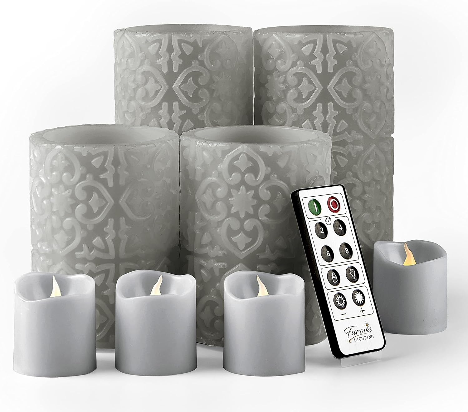 FURORA LIGHTING Grey Rome Real Wax LED Candles with Remote and Timer, 4 Pillar and 4 Votives Pack of 8, Flameless Flickering Candles for Home Décor, Battery Included