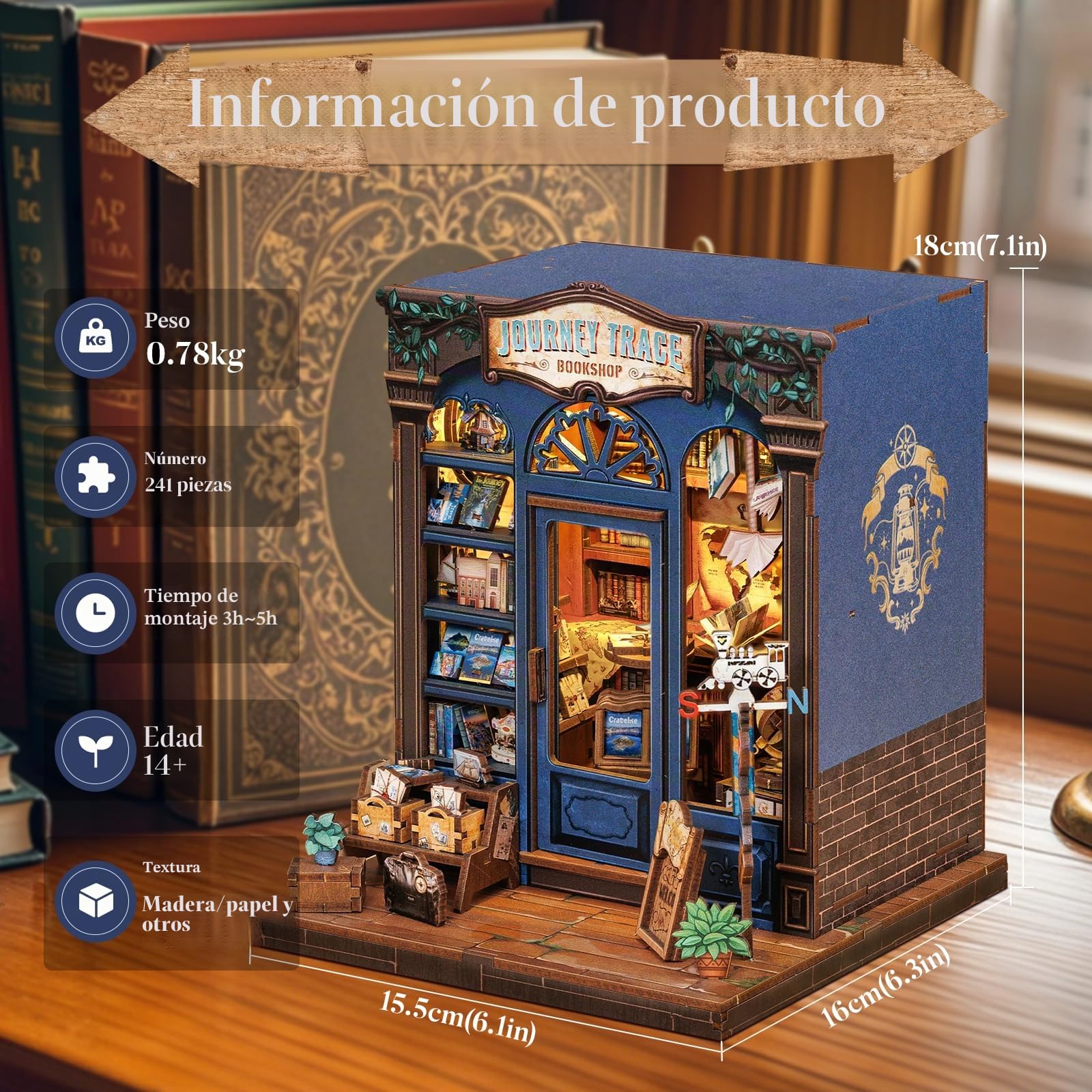 Fsolis Book Nook Kit de Madera para Bricolaje - Casa de Muñecas en Miniatura 3D, Decoración para Estanterías y Escritorios, Regalo Creativo para Adultos y Joven (Journey Trace Bookshop)