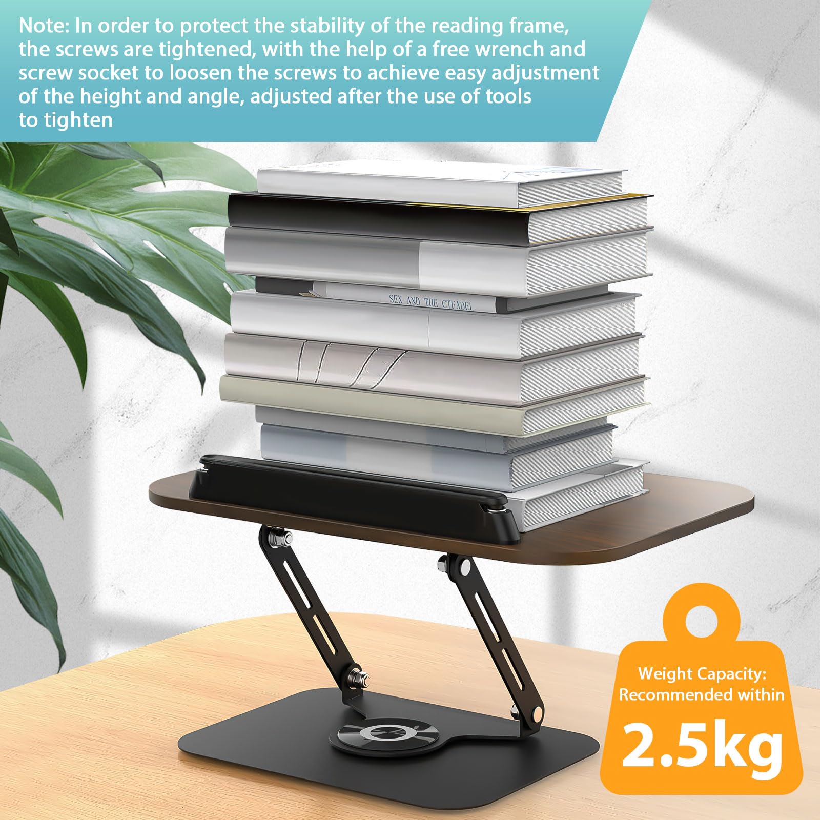 Leggio per Libri con Base Girevole a 360°,Supporto per Libri in Legno,Supporto per Lettura Pieghevole, con clip laterale,per ricette, riviste, tablet, laptop,Spartito