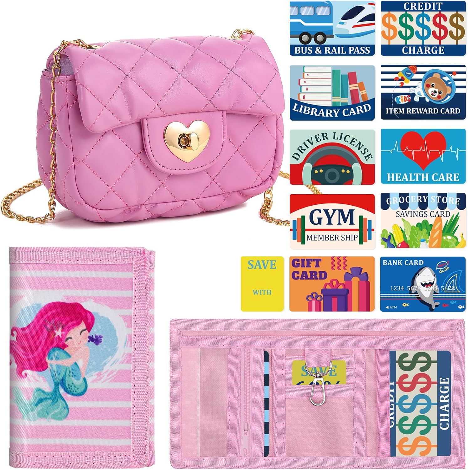 DEEKI Kids Wallet Set for Girls 4-16, Cute Leather Crossbody Purse, Trifold Canvas Wallet and 11 Cards for Toddlers Children, Novelty Coin Pouch for Princess Birthday Gifts Pretend Shop-Mermaid(CP)