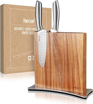 hecef Magnetic Knife Block Holder, Double-Sided Storage | Strong Enhanced Magnets, Premium Wood, Non-Slip Stainless Steel Base, Multifunctional Rack Storage, Gift-Ready Packaging