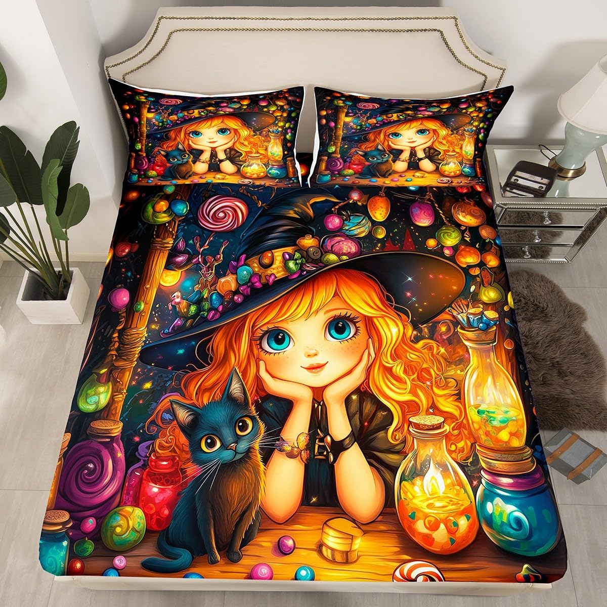 Cute Witch Fitted Sheet Full Size,Black Cat Colorful Candy
