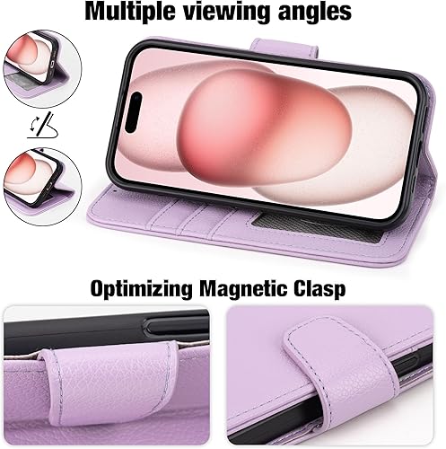 Miniatura 207 de Arae Compatible with iPhone 15 Case with Card Holder and Wrist Strap Wallet Flip Cover for iPhone 15 6.1 inch,Wine Red