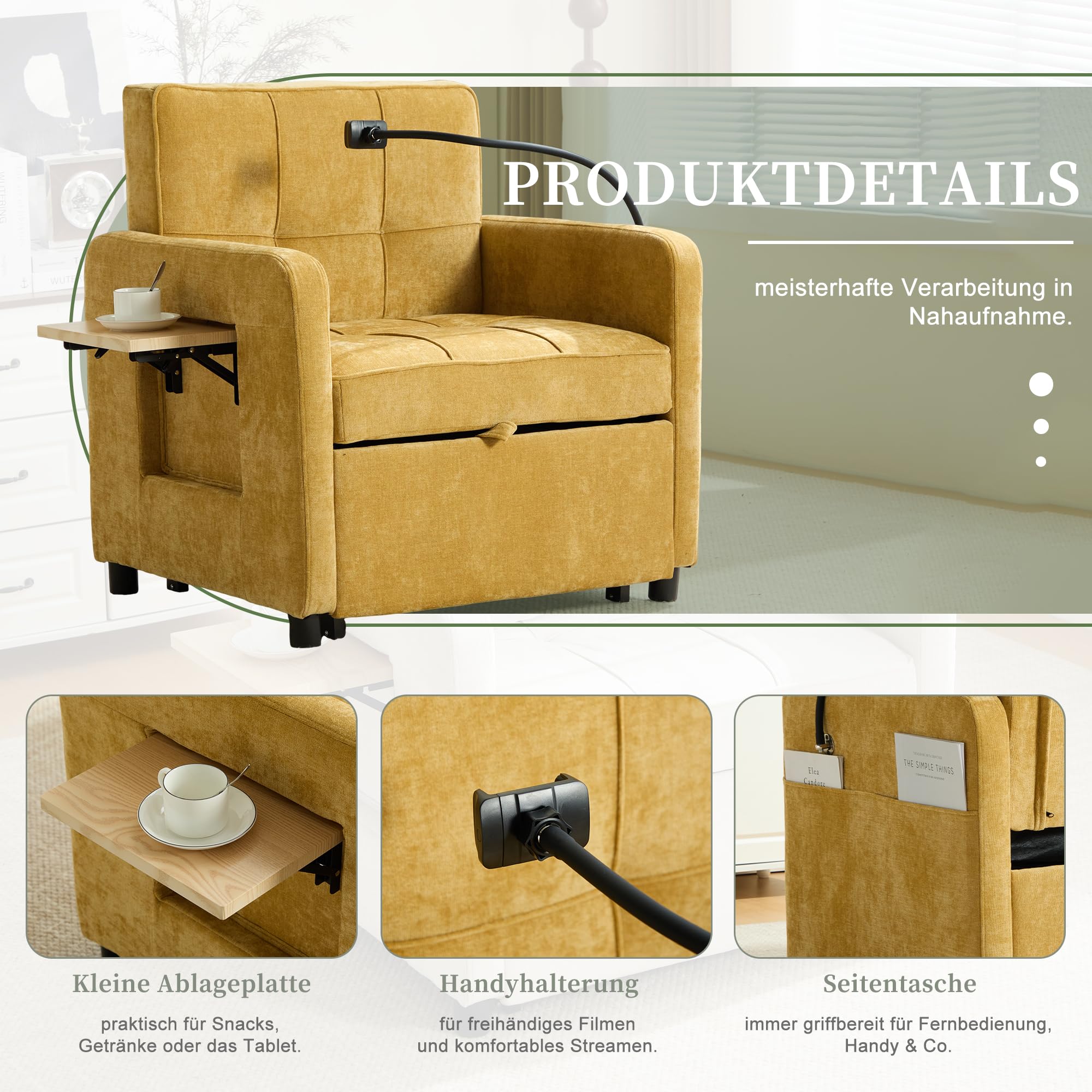 Sofá cama individual multifuncional de chenilla, sofá plegable con función de dormir, silla de sofá con mesa auxiliar pequeña y bolsa de almacenamiento, para salón y dormitorio, color amarillo