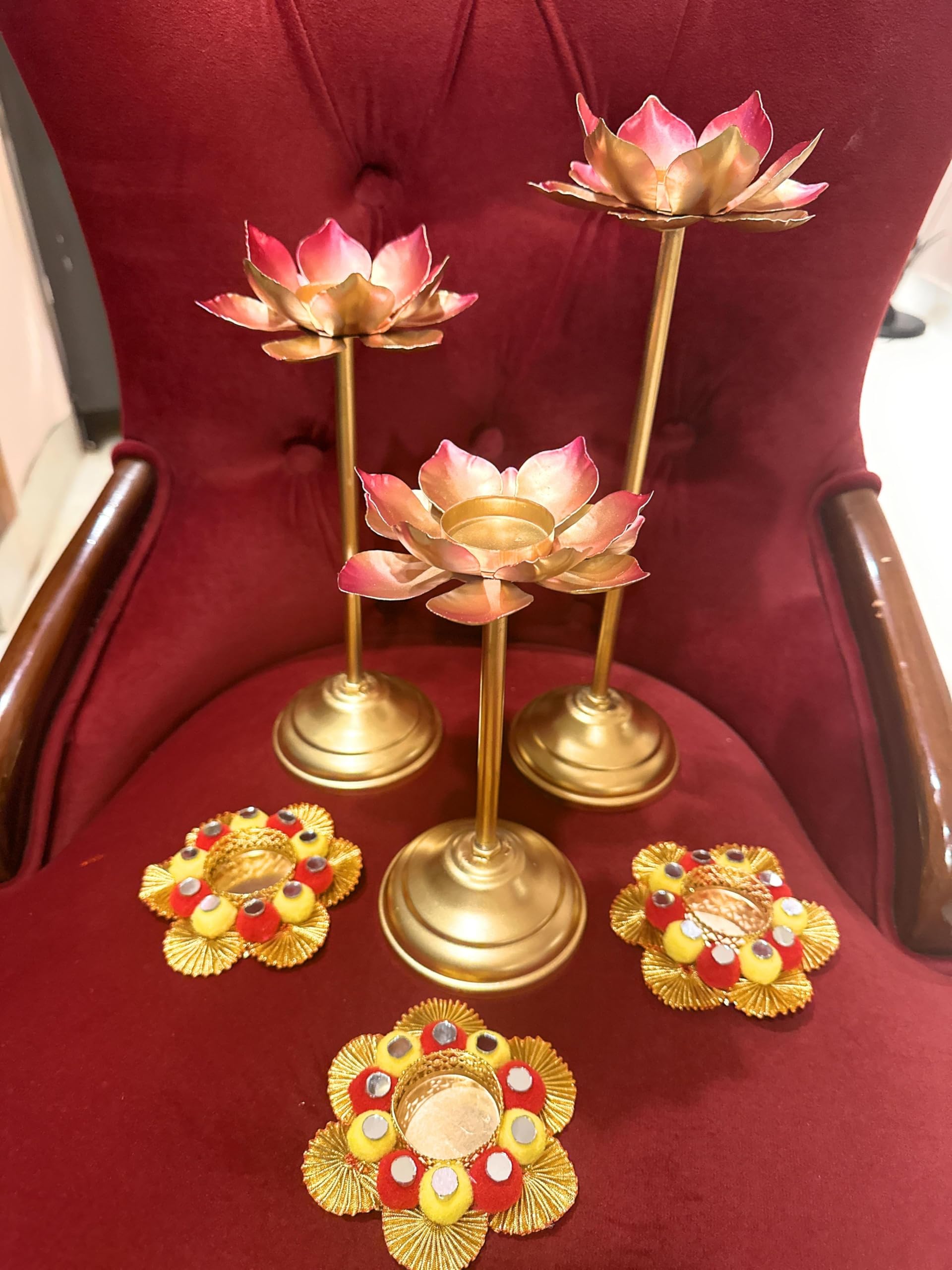AGAAS ENTERPRISES Beautiful Set Of 3 Metal Long Lotus Style Tealight Candle Holder/Tlight Holder For Home Decoration/Table Decoration Diwali Decor Corporate Gift Item, Gold