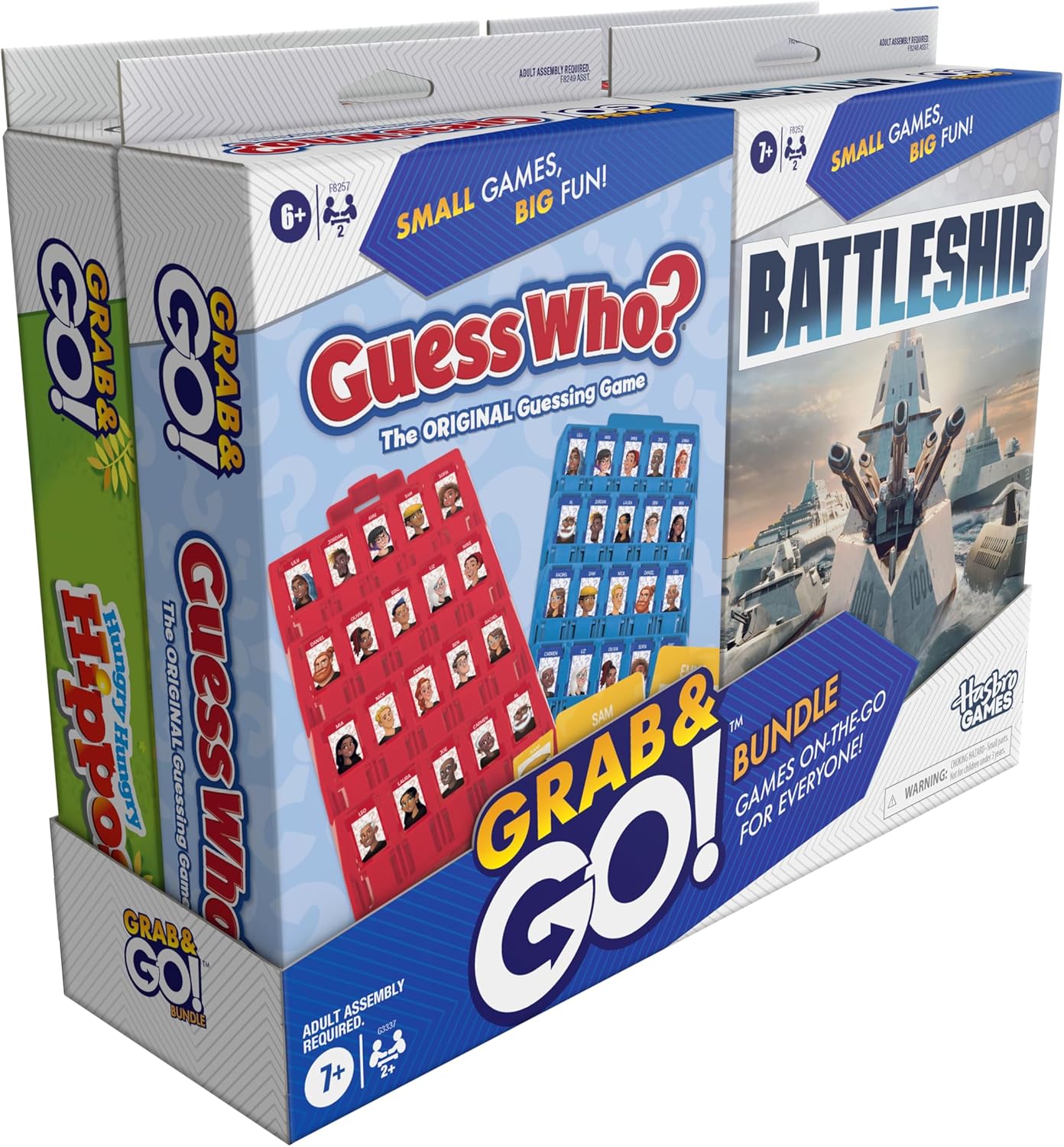 Hasbro Grab and Go! Bundle (4 Pack), Kids Travel Board Games, Battleship, Connect 4, Guess Who?, Hungry Hungry Hippos Games, 2 Players, Easter Gift for Kids, Ages 7+