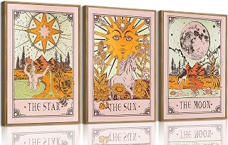 ZZTCYSU Celestial Canvas Wall Art Sun Moon Phase Star Framed Wall Art Vintage Tarot Card Prints Gothic Mystical Astrology Artwork Boho Decor For Living Room Bedroom 16"x24"