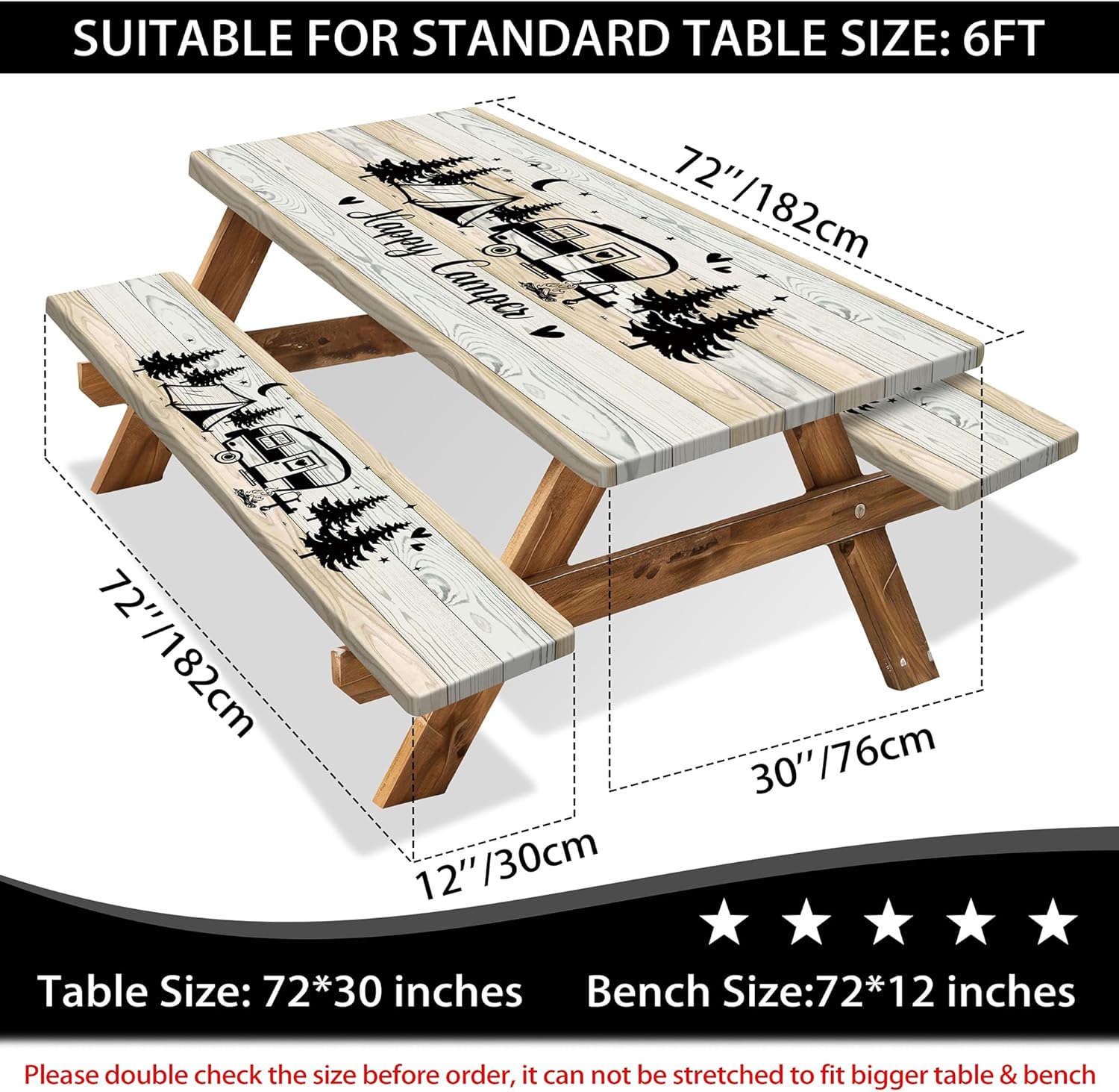 Picnic Table Cover with Bench Covers 6FT Outdoor Happy Camper Waterproof Picnic Tablecloths Camping Fitted Tablecloth with Elastic Rectangle Table Cover (3pcs-72")
