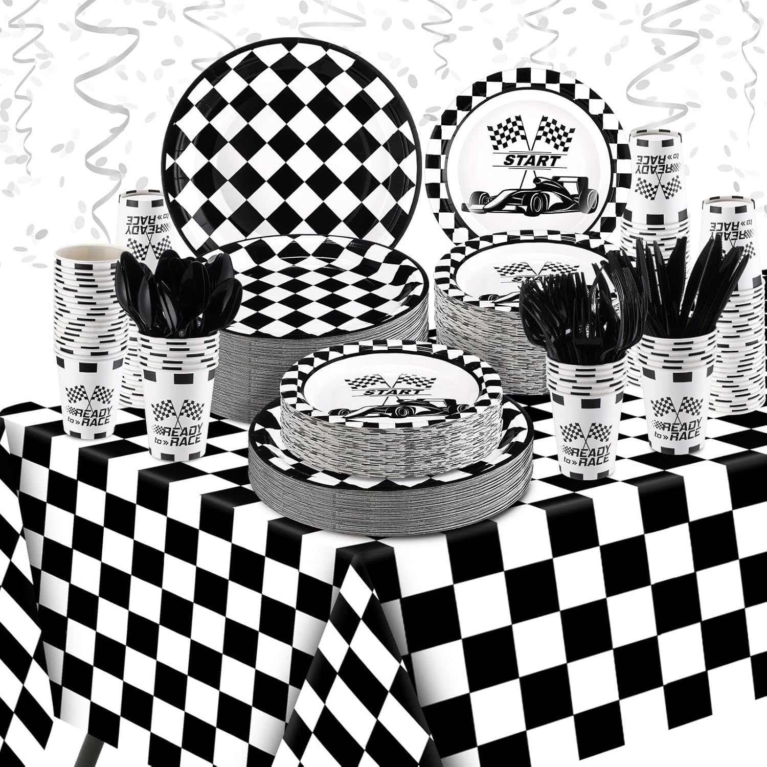 Yaomiao 147 Pcs Tableware Set Space Galaxy Race Car Birthday Party Decorations Disposable Tablecloth Paper Cup Plates Set for 24 Guests Baby Shower Party Supplies (Black and White,Race Car)