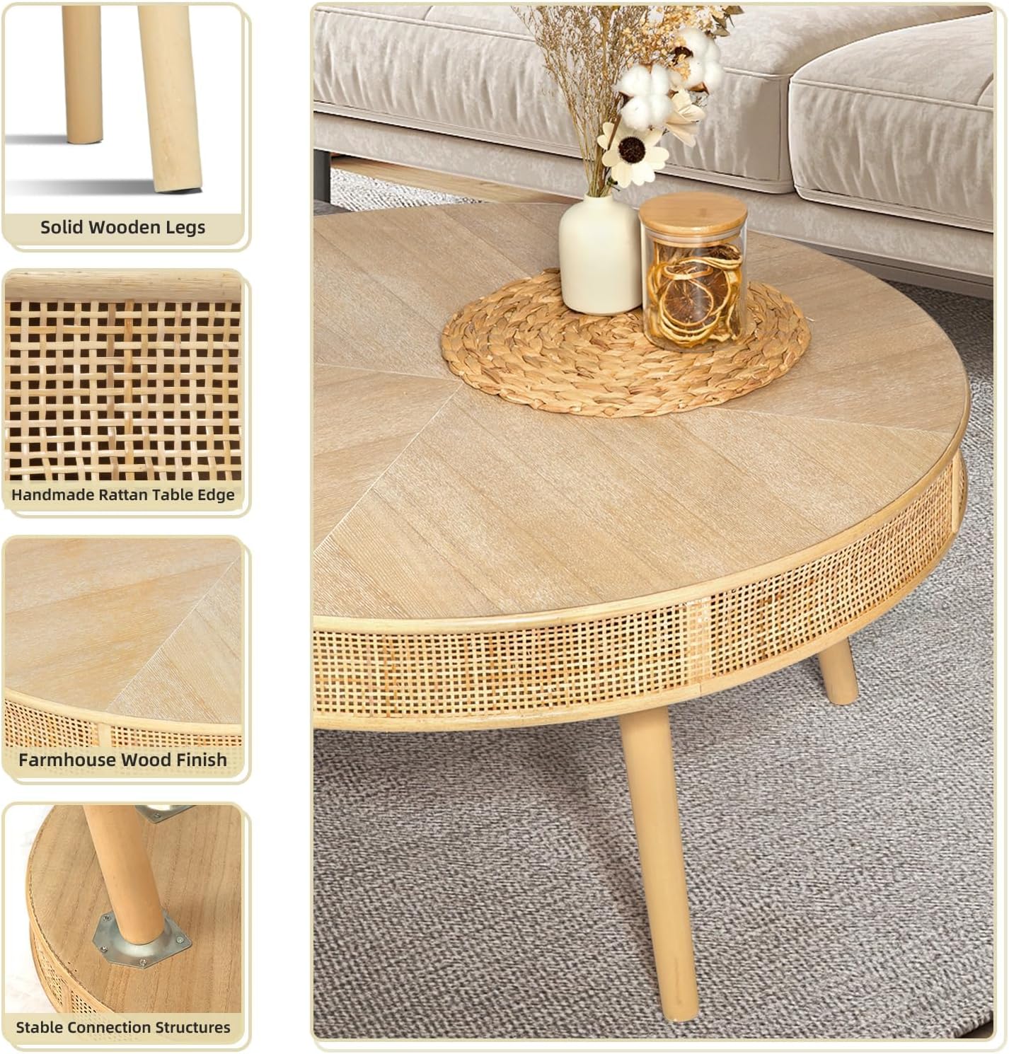 RUSTOWN 2-Piece Farmhouse Coffee Table, Modern Rustic Sofa Side Tea Tables, Solid Wood Finish with Crafted Rattan Side and End Table Sets for Living Room (Natural)