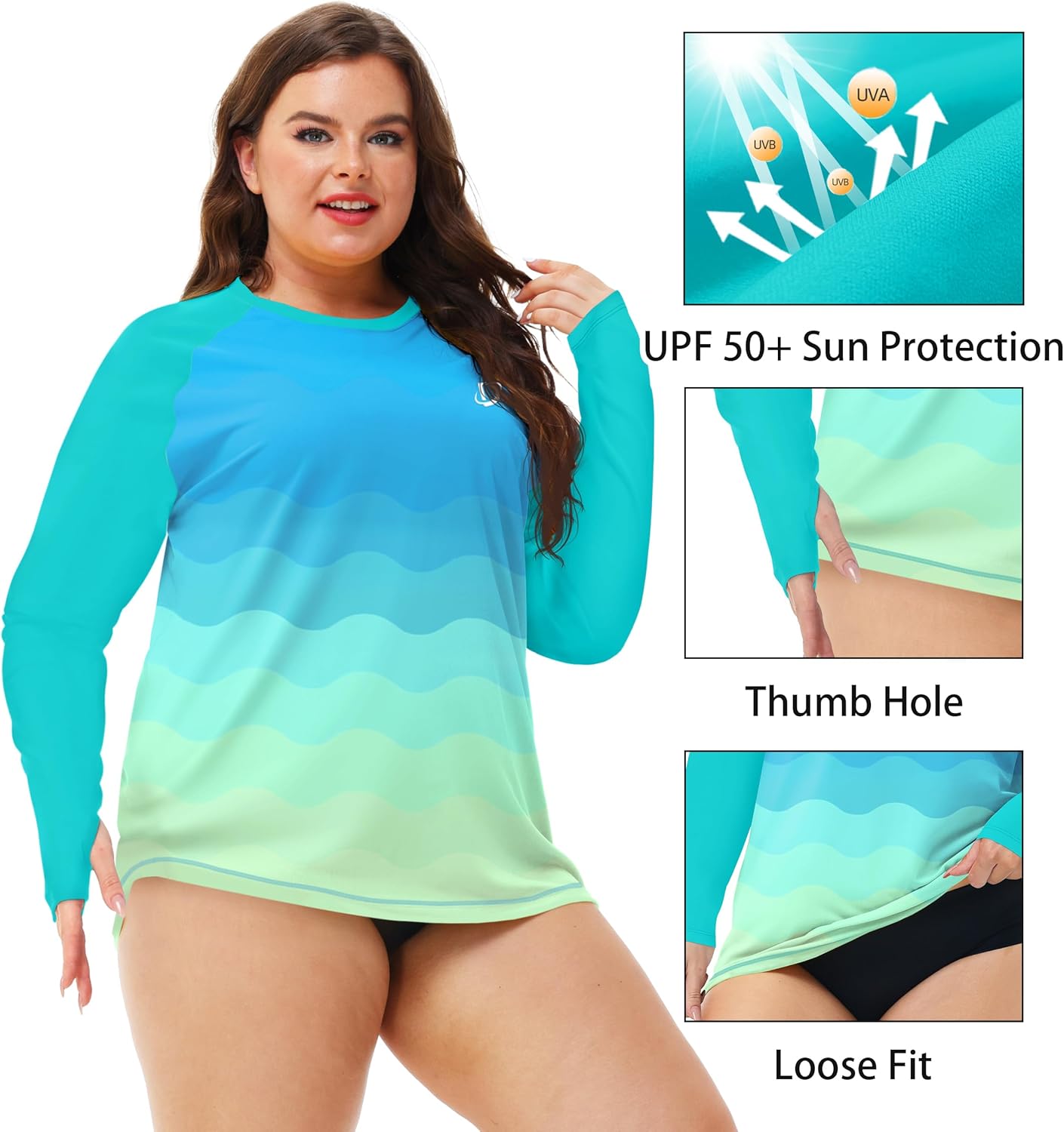 Deerose Womens Plus Size Rash Guard Long Sleeve Swim Shirts with Thumb Hole - Image 2
