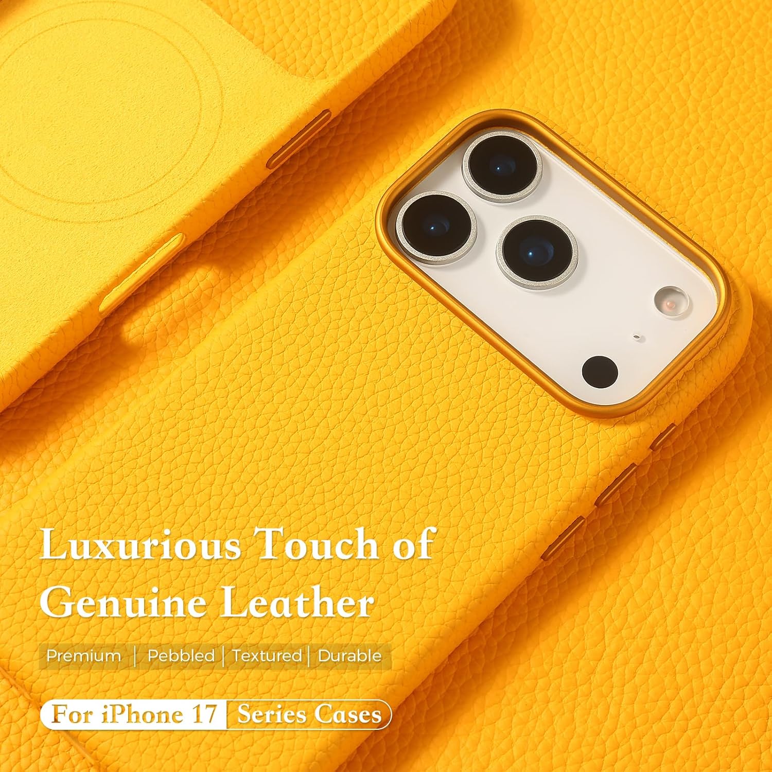InUnion Compatible with iPhone 17 Pro Max Leather Case – Premium Litchi Grain Real Leather Cover Compatible with MagSafe, Slim Protective Case with Soft Microfiber Lining, Shockproof, 6.9 inch Yellow - Image 3