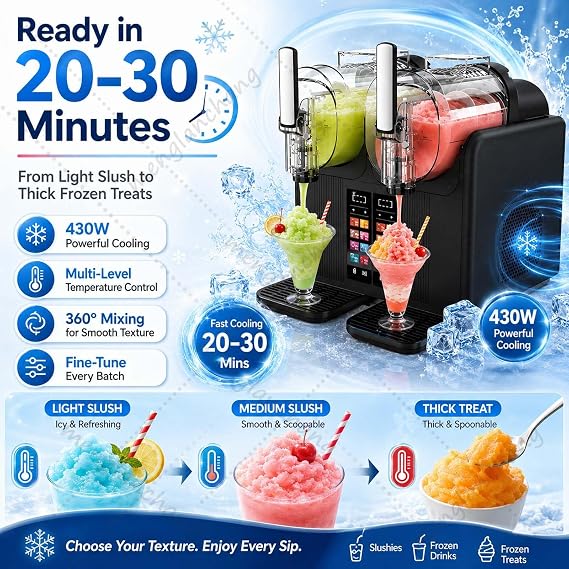 Slush Machine | Soft ServeIce Cream Maker | Slushy Machine Dual Tank 2x2L for Home/Commercial,No ice needed w/Rapid Chill&Temperature Control/Touchscreenfor Margarita,Frappe,Easy Clean Black