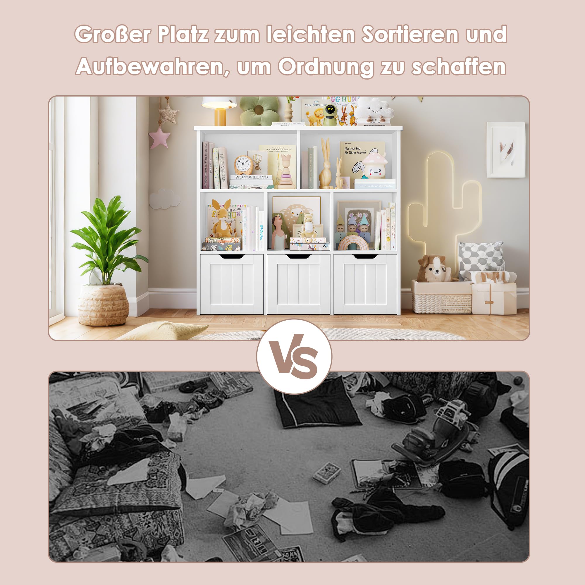 FOREHILL Kinderregal mit Boxen auf Rollen, Kinderzimmer Möbel, Spielzeugregl, Aufbewahrungregal,Bücherregal für Kinder, Kinderschrank, Regal mit 3 Boxen 100x33x89.5cm weiß