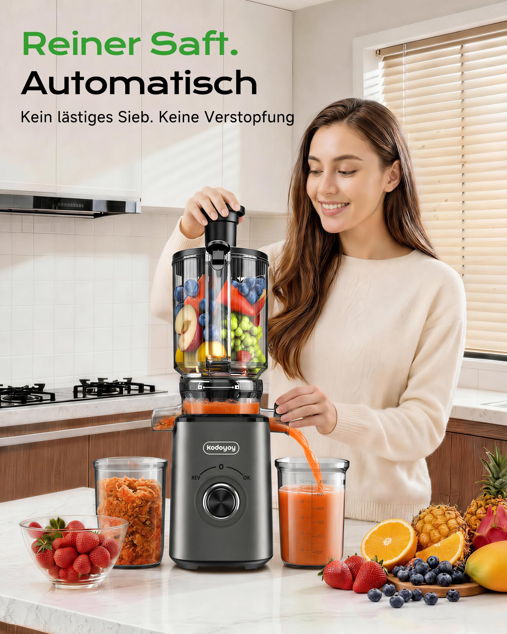 Entsafter Gemüse und Obst Testsieger, Slow Juicer mit 130 MM XL-Einfüllschacht, 600 mL Saftbehälter, Elektrische Juicer Machine für Familien, Gesundheitsbewusste