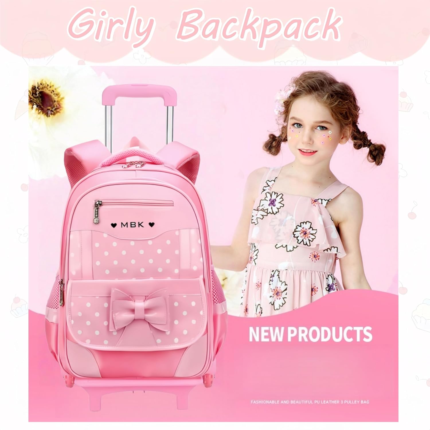 Girls Rolling Backpack Set Cute Bowknot Kids Schoolbag with Wheels Trolly BookBag for School-2 Wheels - Image 7
