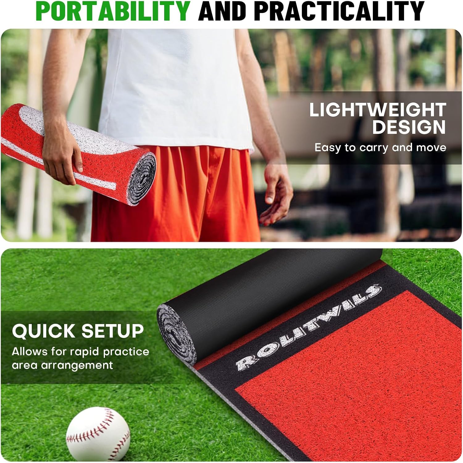 Softball Pitching Mat for Young People Beginner - Non-Slip Portable Baseball & Softball Training Mat for Hitting Practice - 54 x 12 inches Durable Batting Mat for Indoor/Outdoor Use