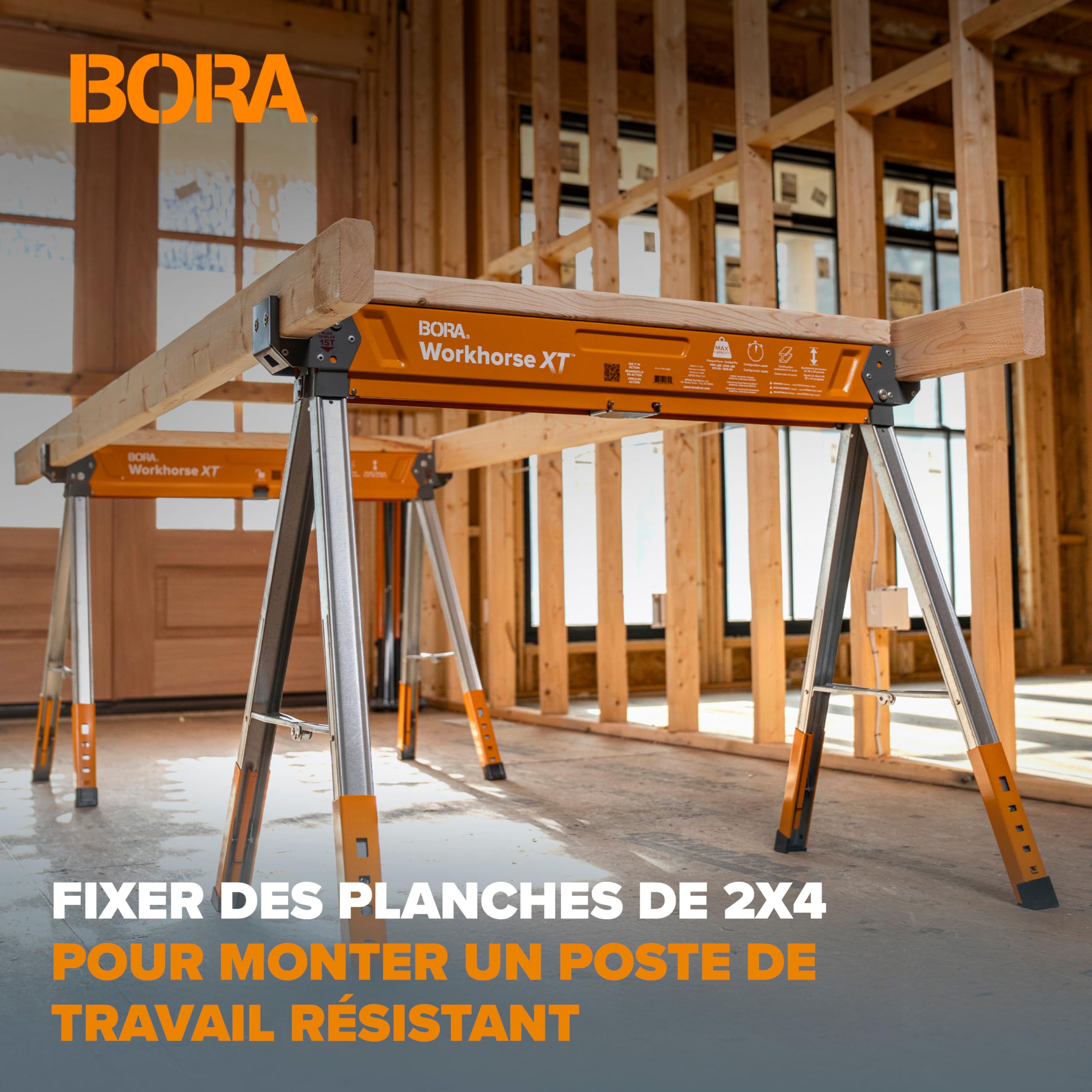 BORA Workhorse XT PM-3360T Lot de 2 chevalets de sciage pliables et réglables en hauteur avec pieds réglables pour entrepreneurs Établi portable avec décapsuleur intégré