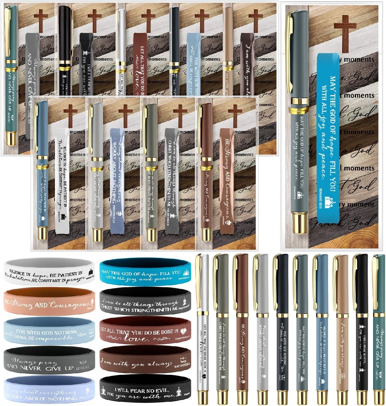 Spakon 50 Sets Christian Gifts Bulk Bible Verses Pens Christian Silicone Bracelets Religious Paper Bookmarks for Women Men Sunday School Church Priest Mother's Father's Day (Boho Color,Boho)