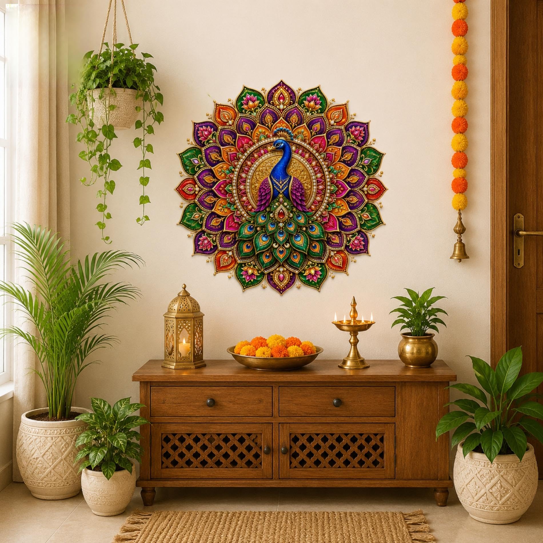 peacock mandala wall decor, 16x16 inch, multicolour | indian traditional art, vibrant floral design, home wall hanging, festive decor, round shape