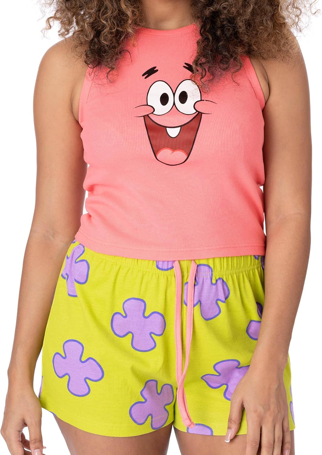 SpongeBob SquarePants Ladies Pajama Set | Womens Ribbed Vest & Green Elasticated Shorts | Patrick Star Graphic Sleepwear - Image 2