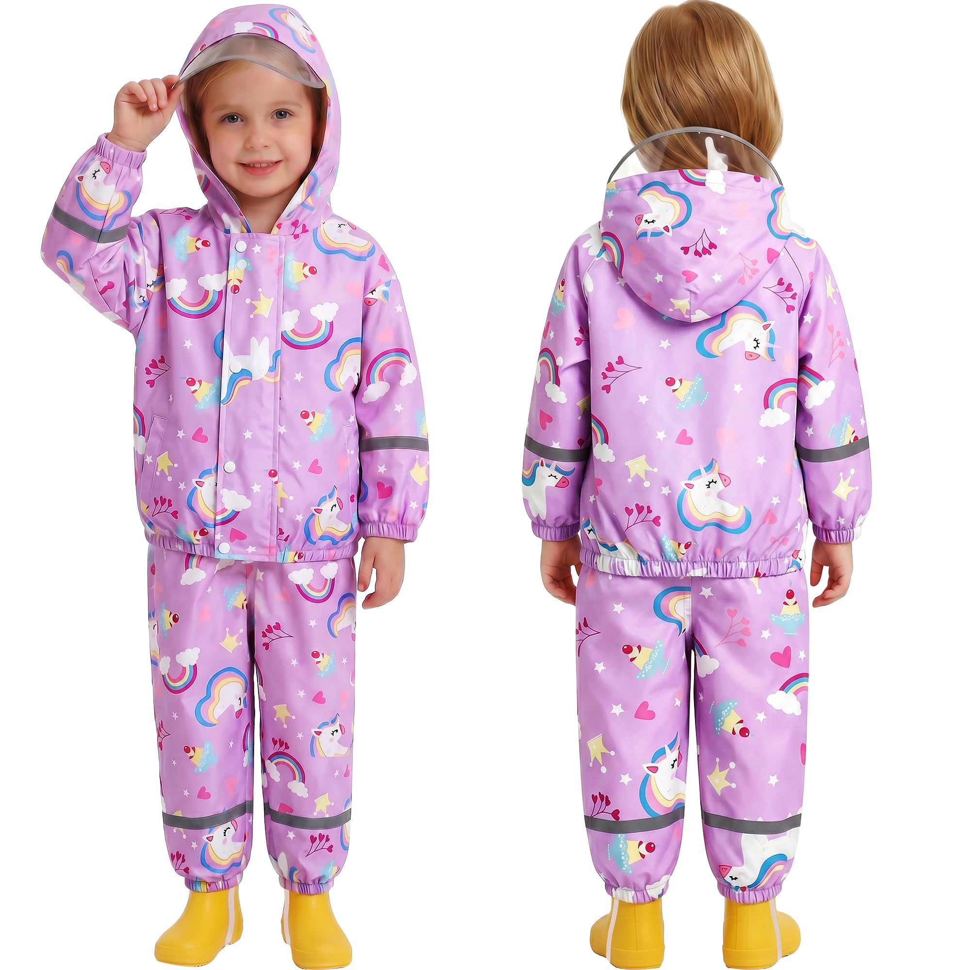 Traje de Lluvia Impermeable para Niñas, Conjunto de Chaqueta y Pantalón de Lluvia Ligero, Exteriores Impermeables Unicornio Abrigos con Capucha, Antiviento Chubasquero para 1-7 años