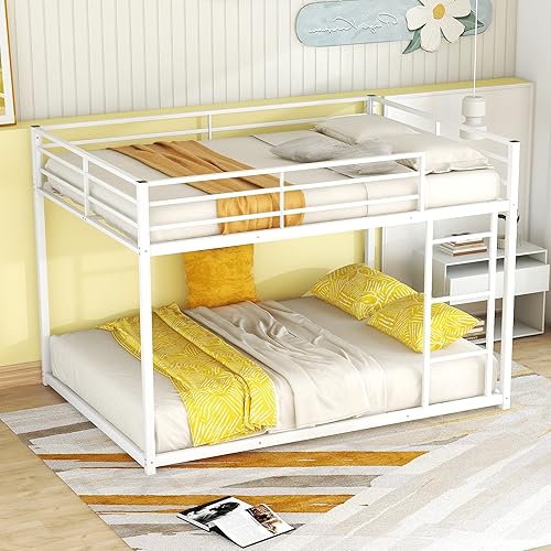 Miniatura 41 de Litera de tamaño individual sobre individual, litera baja con escalera, litera de metal con barandillas, marco de cama de metal resistente para