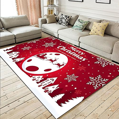 Alfombra roja de Navidad, 4 x 6 pies, diseño de copos de nieve, reno de Papá Noel, decoración navideña, impresión digital 3D, alfombra de alta