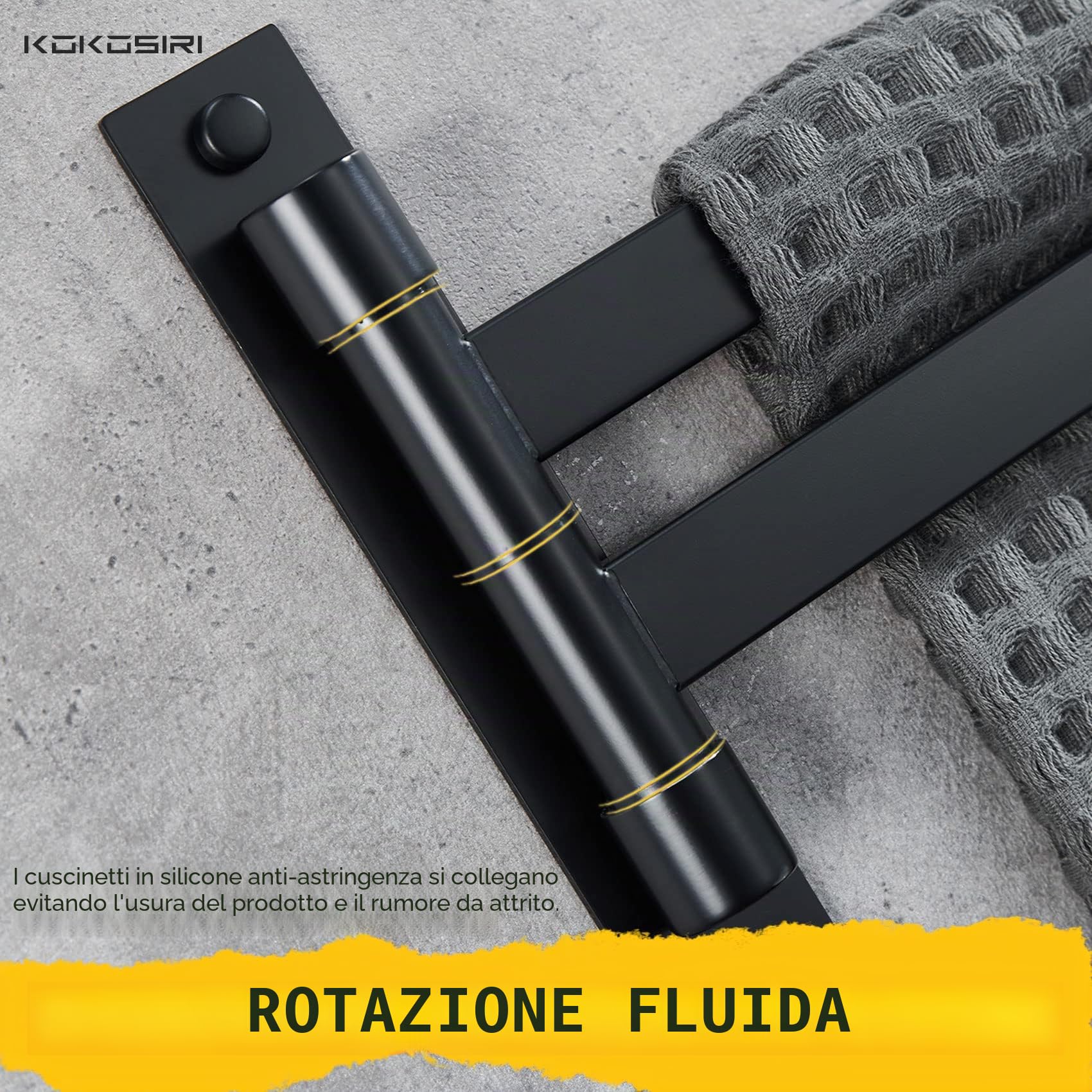 KOKOSIRI, Portasciugamani da bagno girevole, nero opaco, 2 braccia per bagno, cucina, parete, in acciaio inox B5007BK-A2