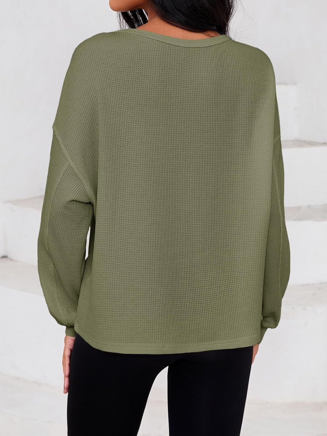 Fisoew Womens Cropped Sweatshirt Casual Waffle Knit Button V Neck Long Sleeve Loose Fit Fall Crop Tops - Image 4