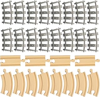 Wooden Train Tracks, Train Tracks Accessories, Railroad Building Toys, 28 Pcs Railway Tracks Compatible with Major Brand, Including 24 Pcs Curved Tracks and 4 Pcs Straight Tracks