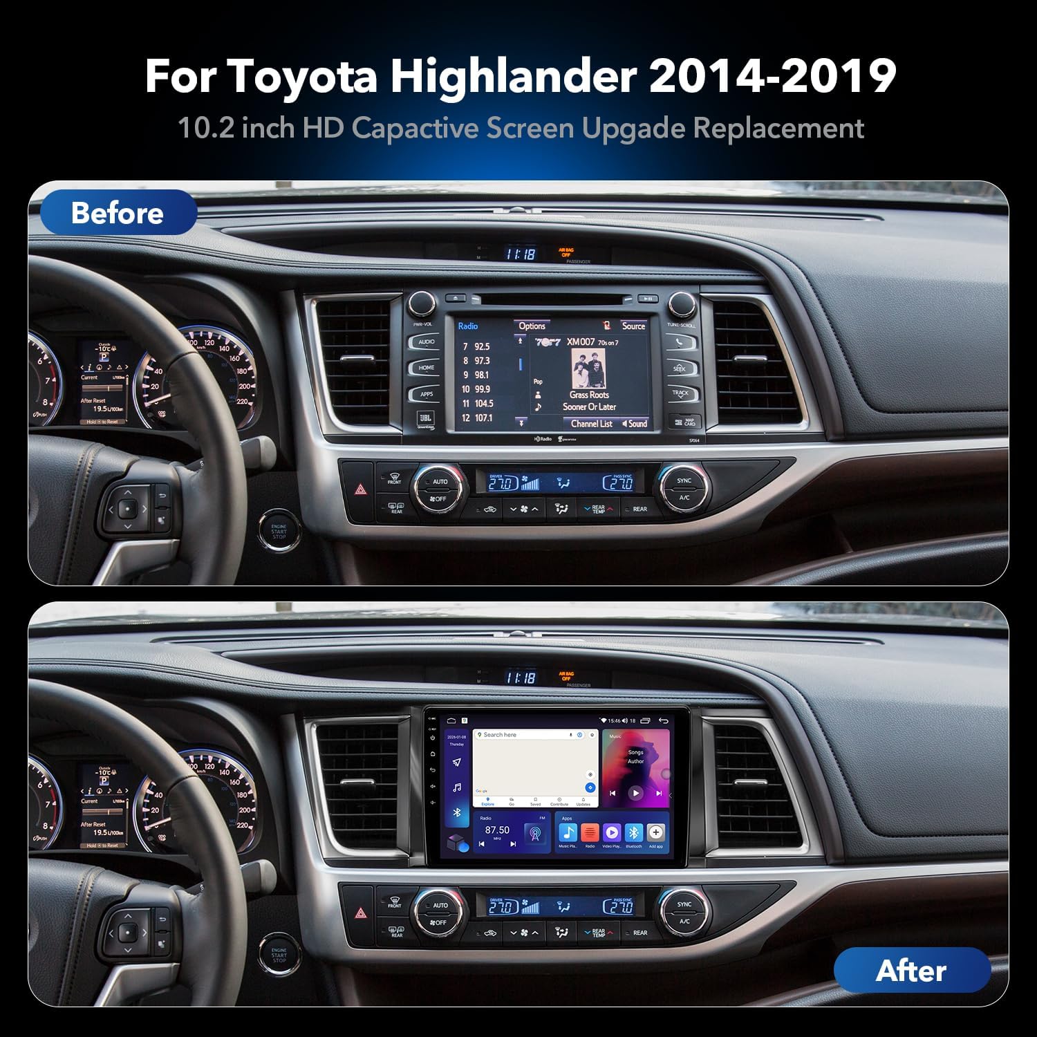 10.2'' Android 13 Car Radio Stereo for Toyota Highlander 2014-2019, Plug and Play Head Unit with CarPlay & Android Auto/1080P Backup Camera/AM FM Radio