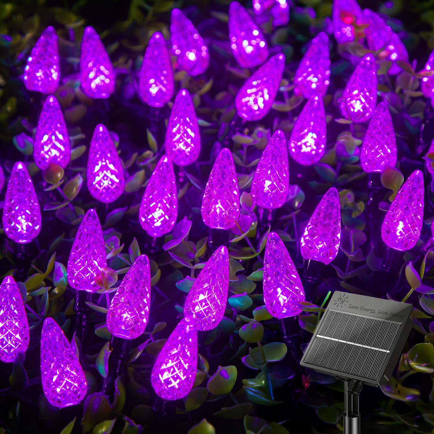 Brightown Purple Solar Operated C6 Halloween Outdoor Lights, 22.64ft 50 LEDs Purple Halloween Lights, Strawberry LED Fairy Lights, Solar Waterproof String Light for Tree, Garden Decor Decorations