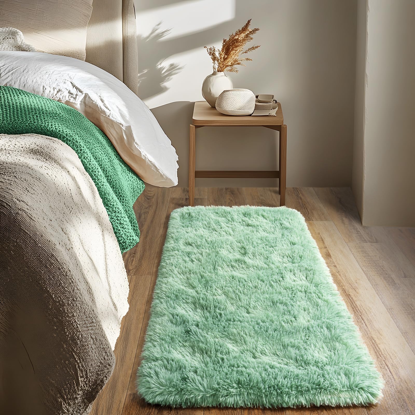 Super Fluffy Runner Rug for Bedroom, Modern Shag Sage Green Area Rugs, Soft Plush Throw Carpet for Kids,Girls Boys and Teens Bedside Room Decor for Living Room Dorm Nursery Classroom, 2x4 Feet