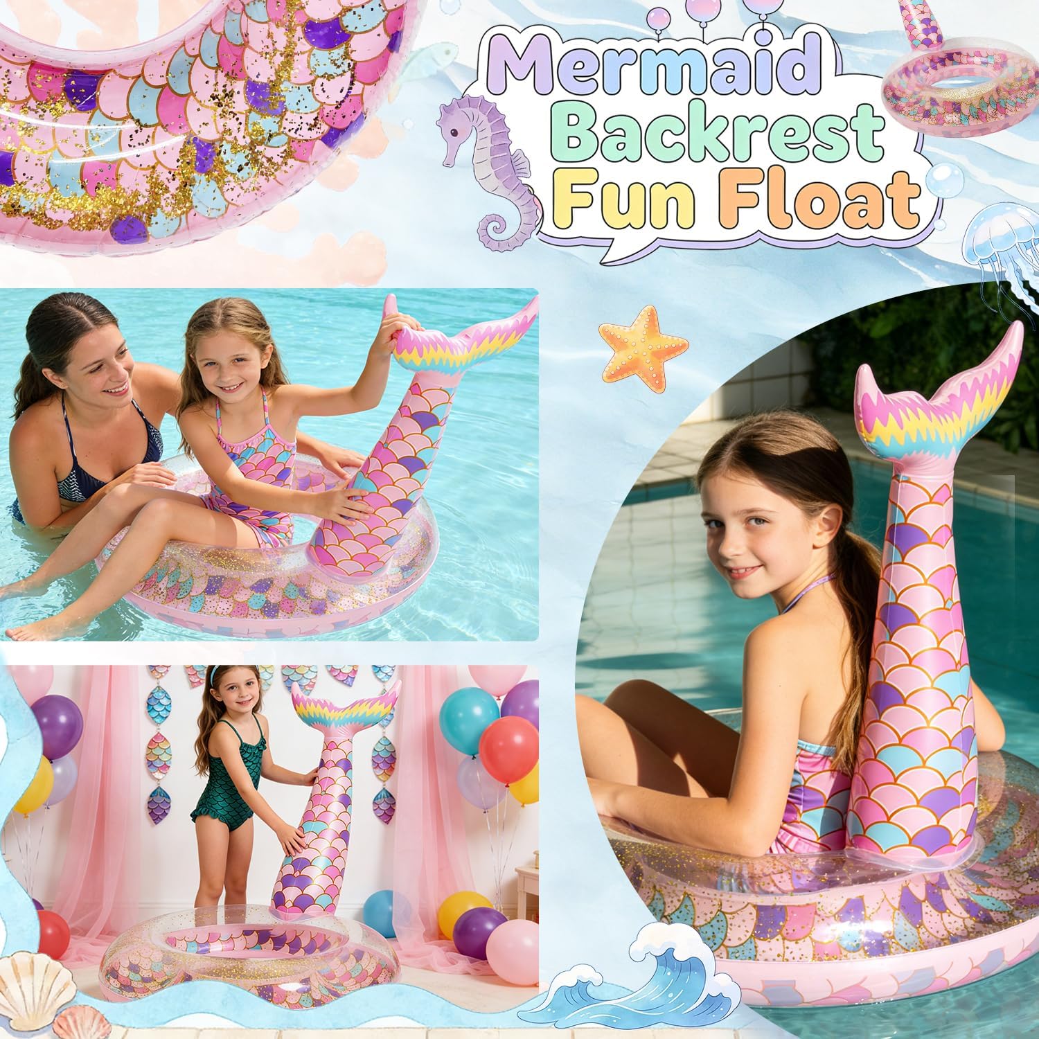 Ginkago Pool Floats Inflatable Swimming Rings Mermaid Tail Tubes Glitters Water Party Summer Beach for Kids and Adults