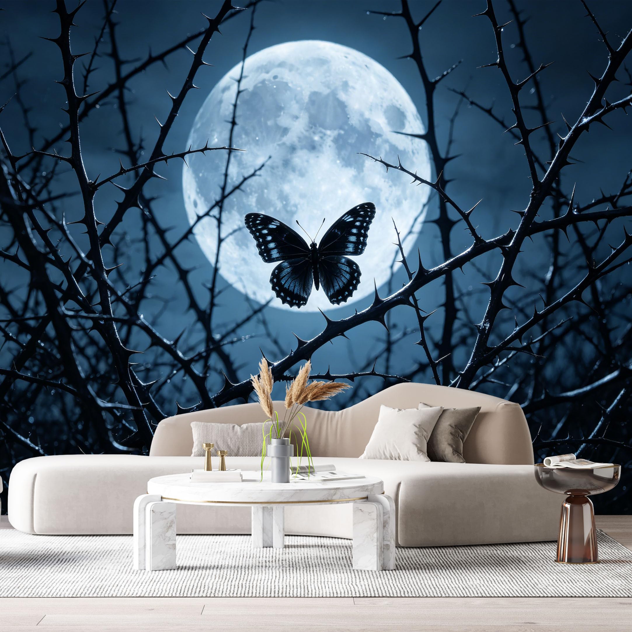 Custom Size Wall Murals Night Moon Butterfly Silhouette Dark Branches Monochrome Modern SelfAdhesive Wall Fabric Removable Large Wallpaper for Photo Living Room