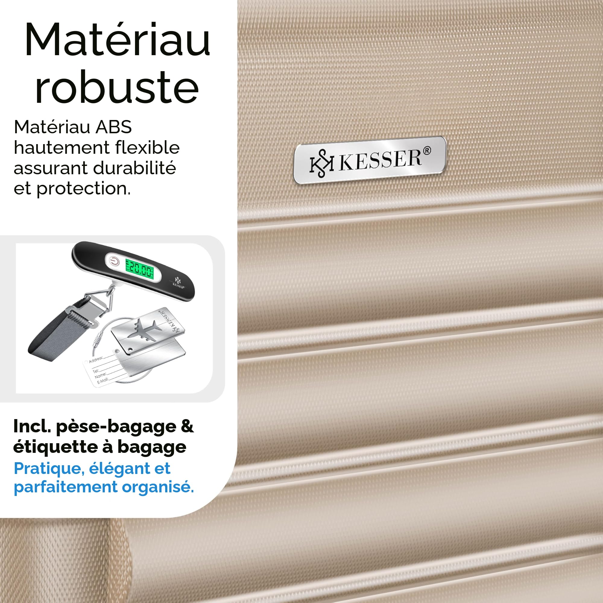 KESSER Valise de voyage rigide ABS 66cm avec pèse-bagage, trolley roulettes, poignée télescopique, champagne