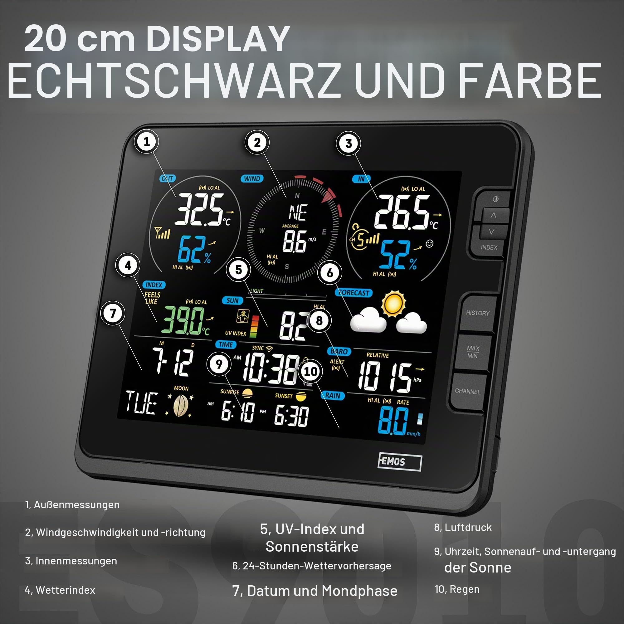 EMOS Wetterstation WLAN mit Windmesser und Regenmesser - zur Wettervorhersage, für drinnen & draußen - Überwacht Zeit, Datum, Temperatur, Luftfeuchtigkeit, Luftdruck - 12-24 Stunden Vorhersage