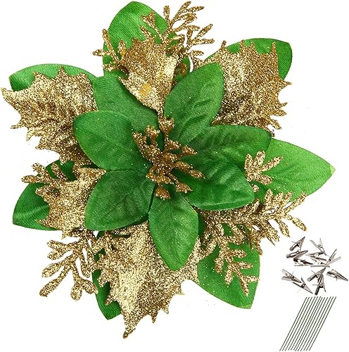 Miniatura 137 de GREENTIME 12 flores de Pascua artificiales azules con purpurina de 5.5 pulgadas, flores de Navidad con clips, tallos de Navidad, adornos para árbol